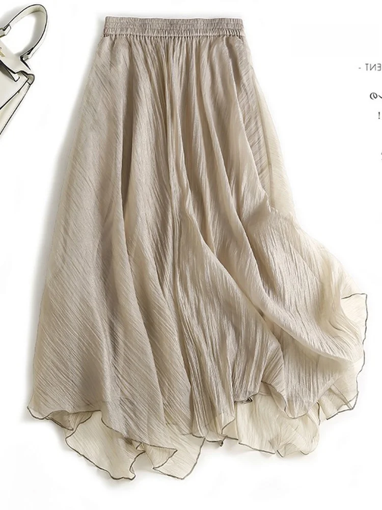 Falda Midi acampanada de cintura alta para mujer, falda larga de lino de doble capa, falda artística de lino y algodón para el cuerpo, Color puro para ir al trabajo