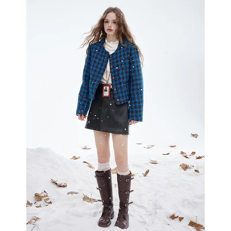 ELFSACK 2025 Winter New Arrivals Y2K Vintage Check Round Neck Short Jacket For Woman - Image 2