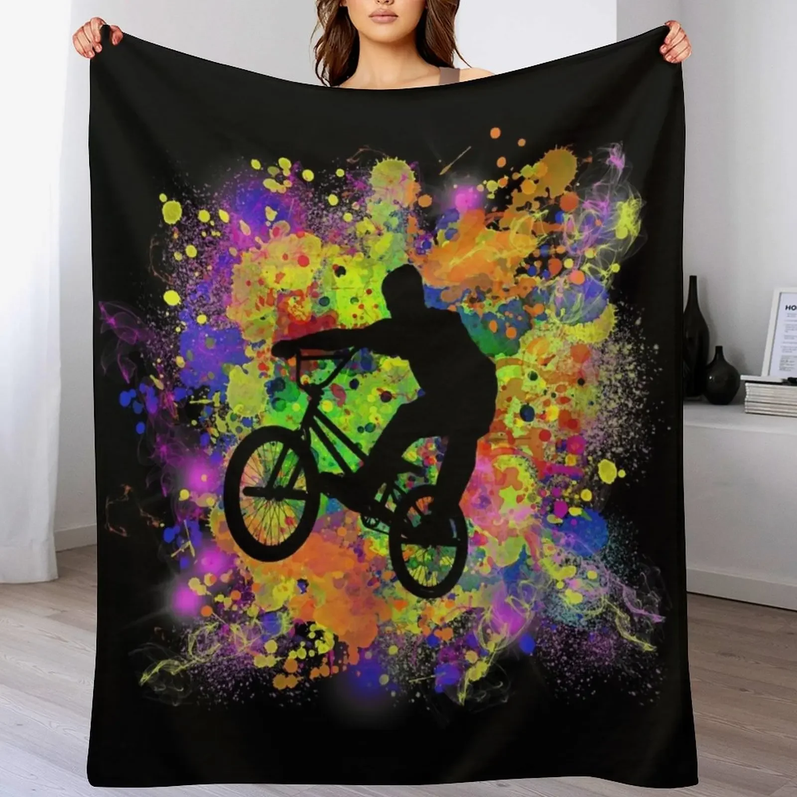 Extreme Sports BMX Bike Coloured Splash Illustration Throw Blanket Soft For Sofa Thin Blankets