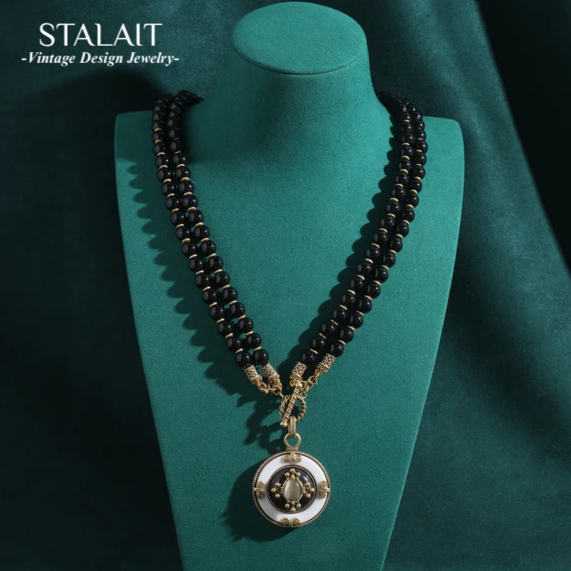 

Vintage Black Natural Stone Bead Double Layered Necklaces Chain Round White Pendant for Women Antique Jewelry Accessories New