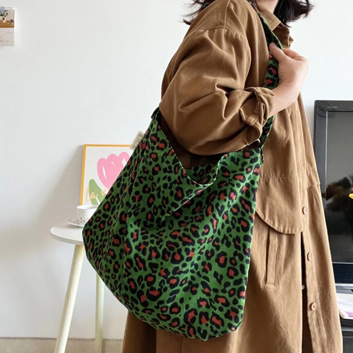 Green Leopard Corduroy Fashion Ins Style All-in-One Canvas Bag