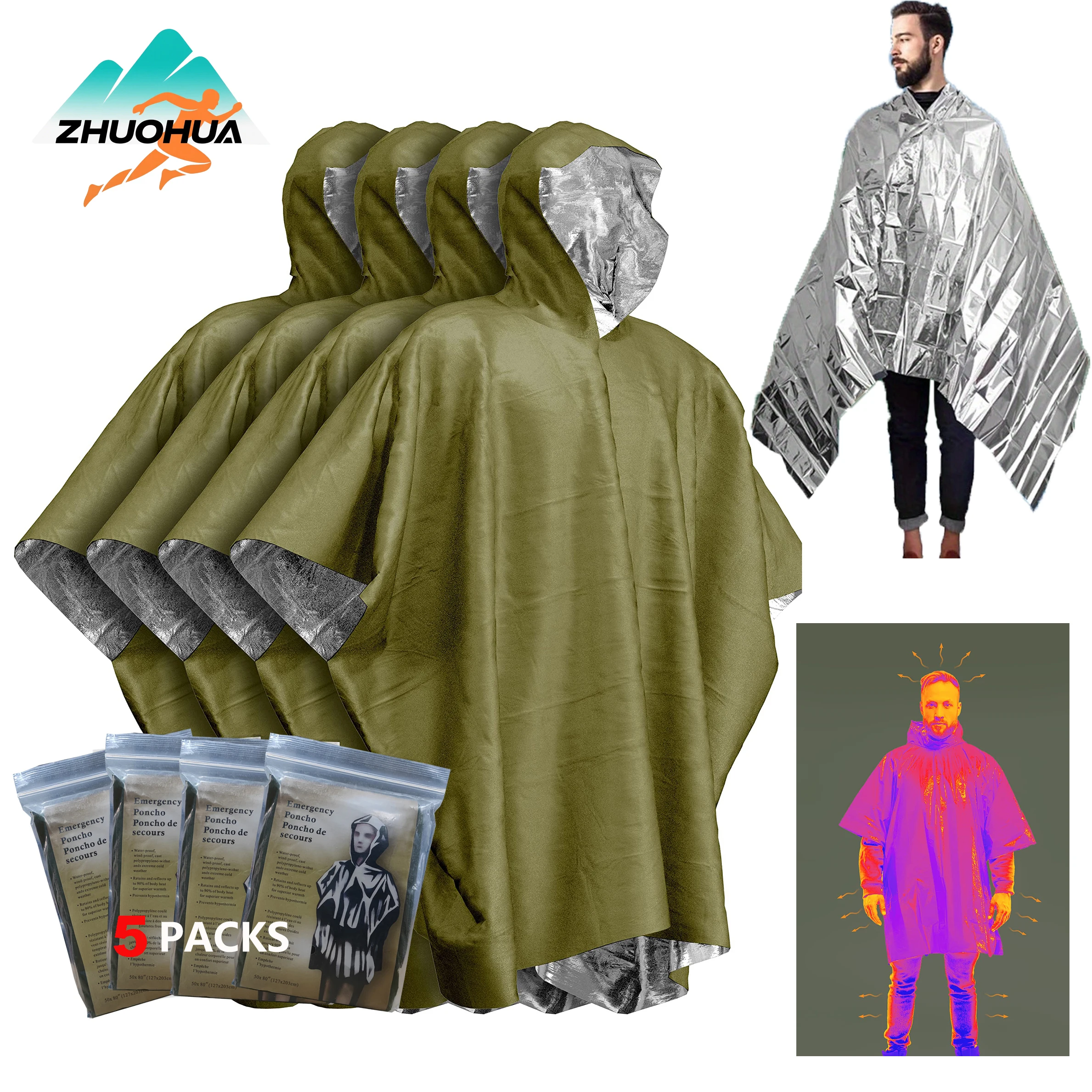 Emergency Poncho Rain - ZHUOHUA 5 Pack Emergency Survival Ponchos,