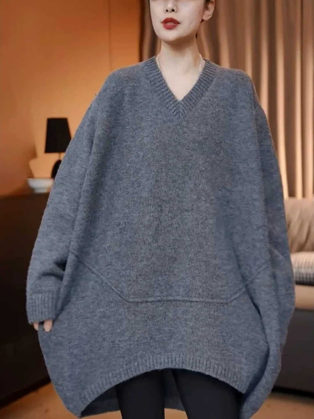 

Дизайнерский трикотажный свитер с круглым низом, длинными рукавами и V-образным вырезом, базовый слой, большие размеры, осень-зима, однотонный, для повседневной носки