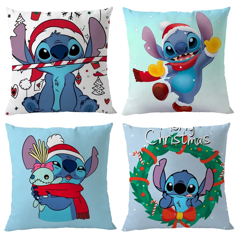 Cute Stitch Christmas Pillow Cases Disney Cartoon Printed Pillow Cover 45X45cm Plush Pillowcase Children Bedroom Decorations