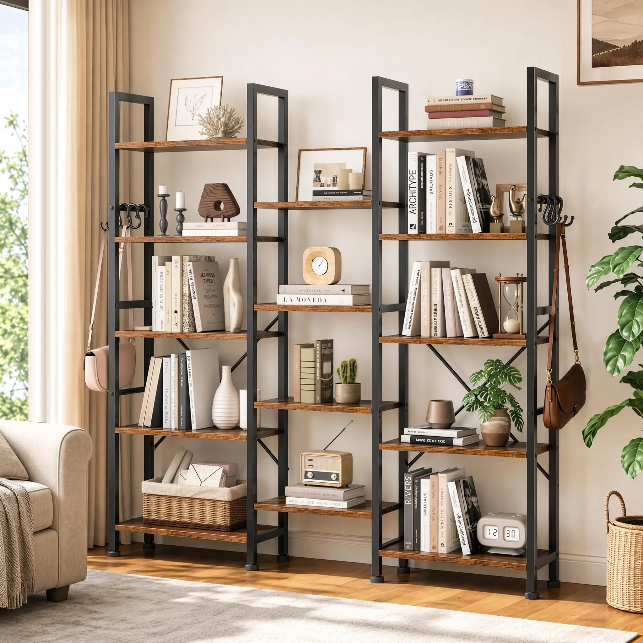 Triple 5 Tier Bookshelf with 14 Display Shelves, Rustic