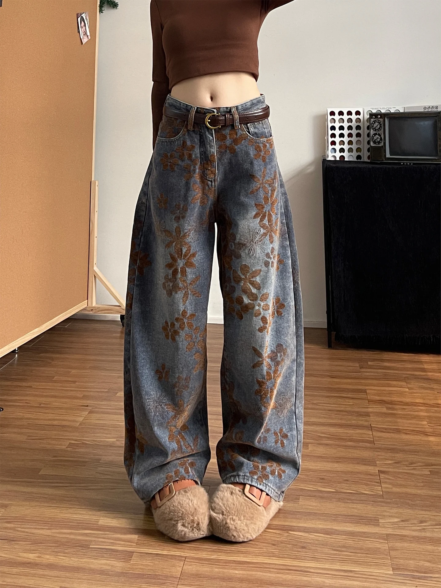 

American Retro Embroidered Wide Leg Jeans Women's High Waist Straight Cut Loose Fit Spring New Design Slimming Denim Pants
