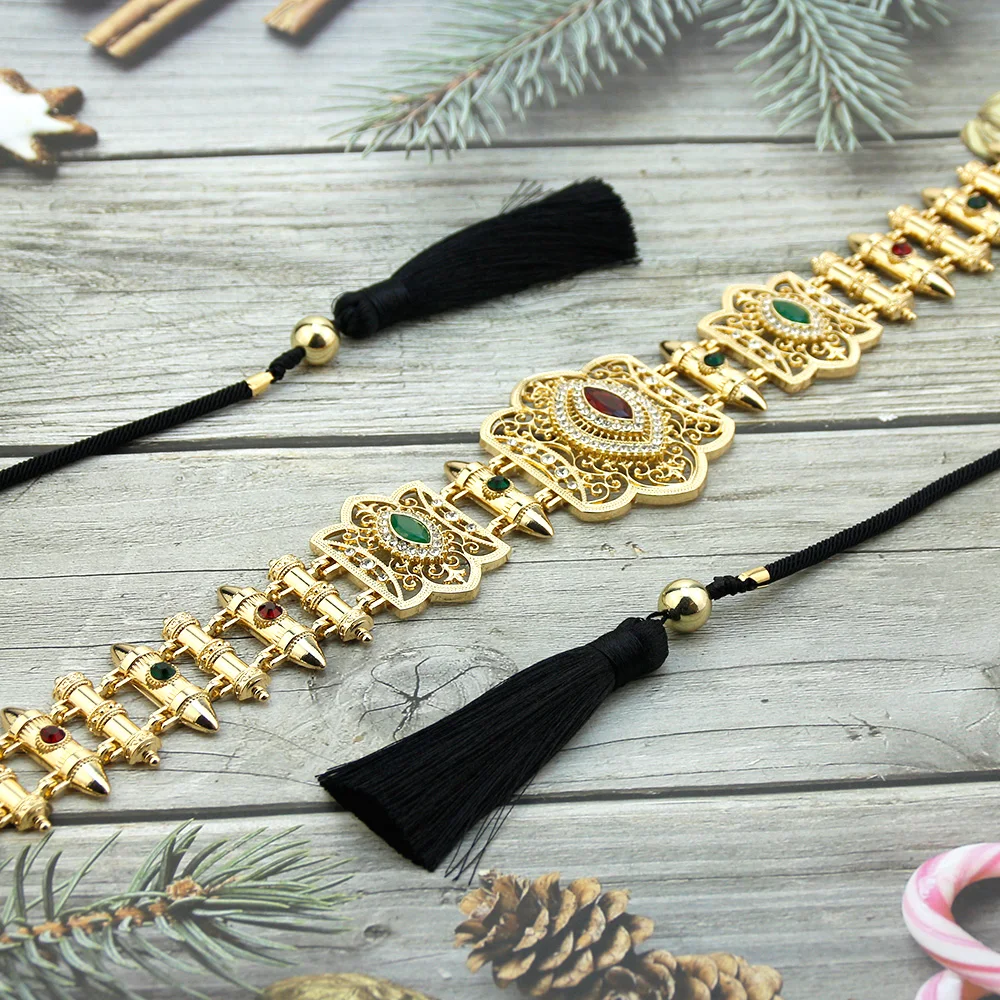 Neovisson Unique Black Handmade Rope Chain Belt Gold Color Morocco Belt Bride Wedding Jewely Tassels Chain Ladies Favorite Gift