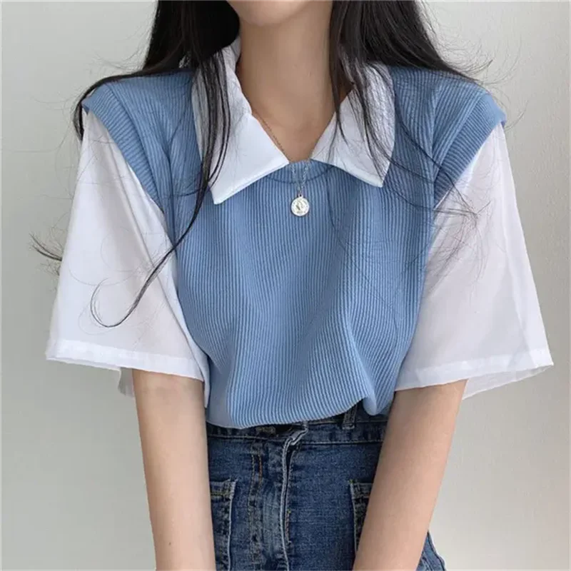 Korean  Spring Summer Casual  T-Shirt Female Pullover Women's Loose Tees Top Fake Two Piece Suit Student Preppy Style