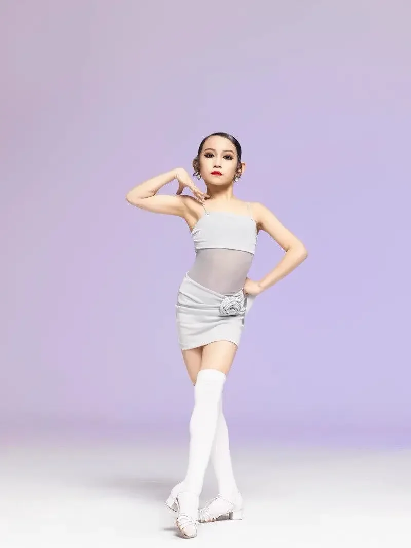 여아용 라틴 댄스 드레스 세트, 홀터 메쉬 스커트, 2025 여름 신상 차차 삼바 룸바 댄스 트레이닝 공연 의상