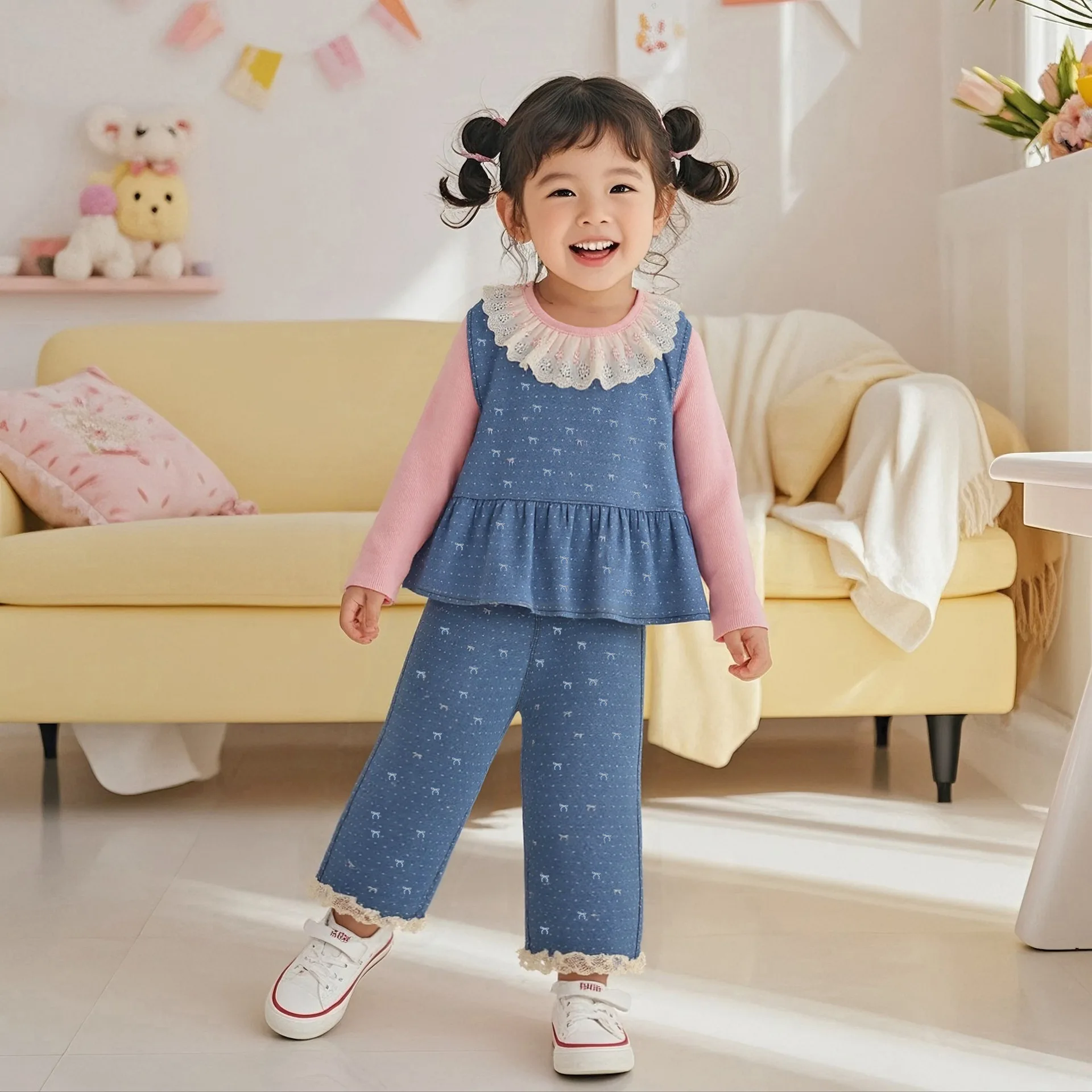 Spring Autumn Girls Denim 3-Piece Set Vest + Tee & Straight Leg Jeans Outfit for Toddler 1-6 Years Fashionable Casual Wear