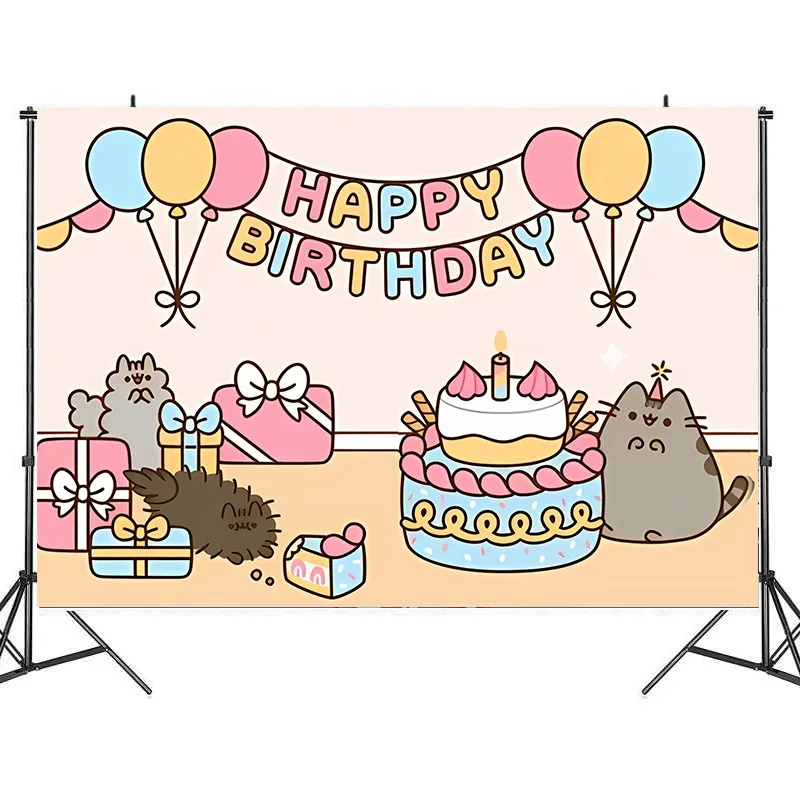 Pusheen Birthday Backgrounds Photography Backdrops Anime Fat Cats Vinyl Wall Hanging Decorations Cute Kids Party Prop Supplies