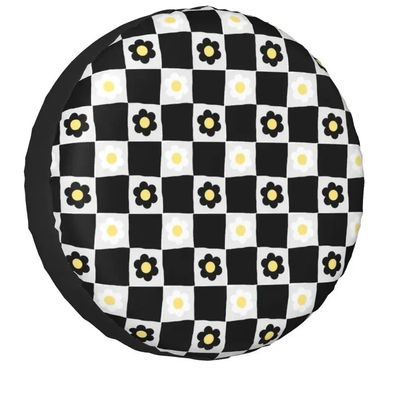 Checkerboard Daisies Flowers Spare Tire Cover for Honda CRV Jeep RV SUV 4WD 4x4 Checkered Car Wheel Covers 14