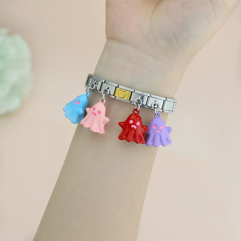 Hapiship 2024 Women Colors Cute Halloween Ghost Italian Charm Links Fit 9mm Bracelet Stainless Steel Making Jewelry DJ1353