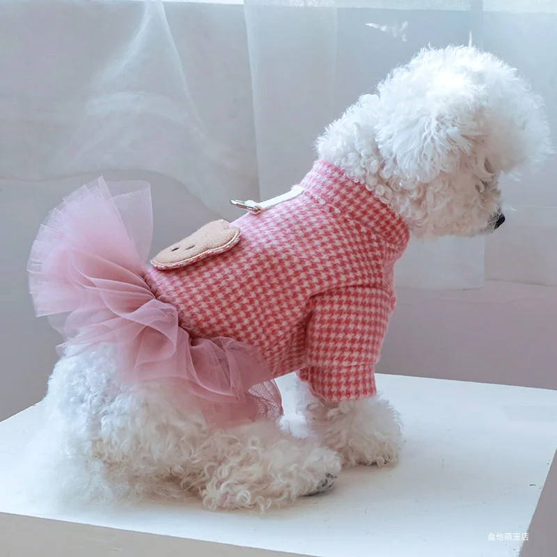 1PC Pet Clothes Cat Autumn and Winter Thick Pink Plaid Princess Dress with Tow Buckle Suitable for Small and Medium sized Dogs