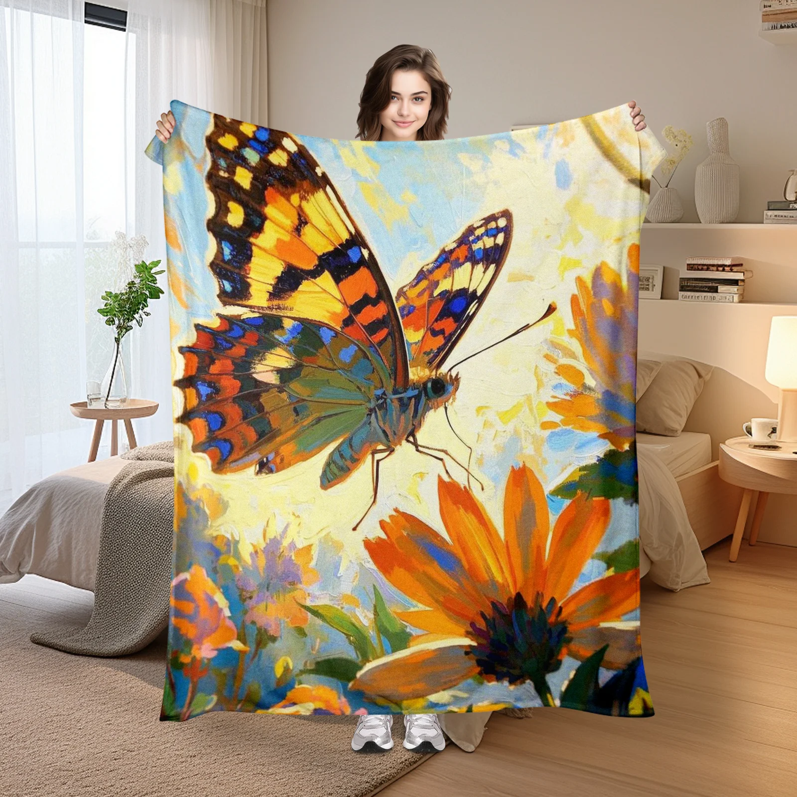 Vintage Butterfly Floral Meadow Orange Yellow Sky Design Warm Throw Blanket For Cozy Home Decor Or Outdoor Relaxation Comfort