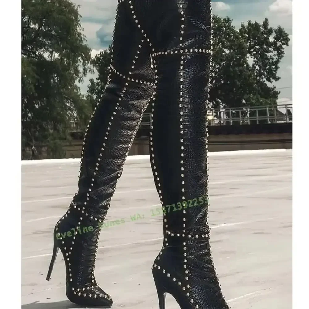

V-Cut Splicing Spicy Girl Runway Show Shoes Croc-Effect Rivet Sexy Over The Knee Boots Pointed Toe Thin Heel Large Size Autumn