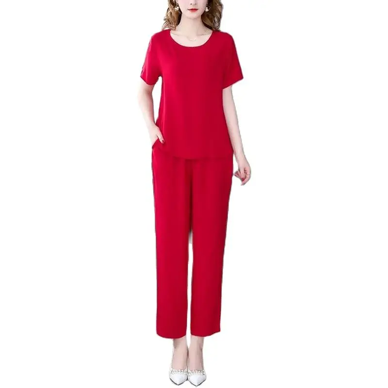 Ensemble deux pièces en coton trempé pour femme, manches courtes, col rond, pantalon court, loisirs, été, mode, nouveau, 2025