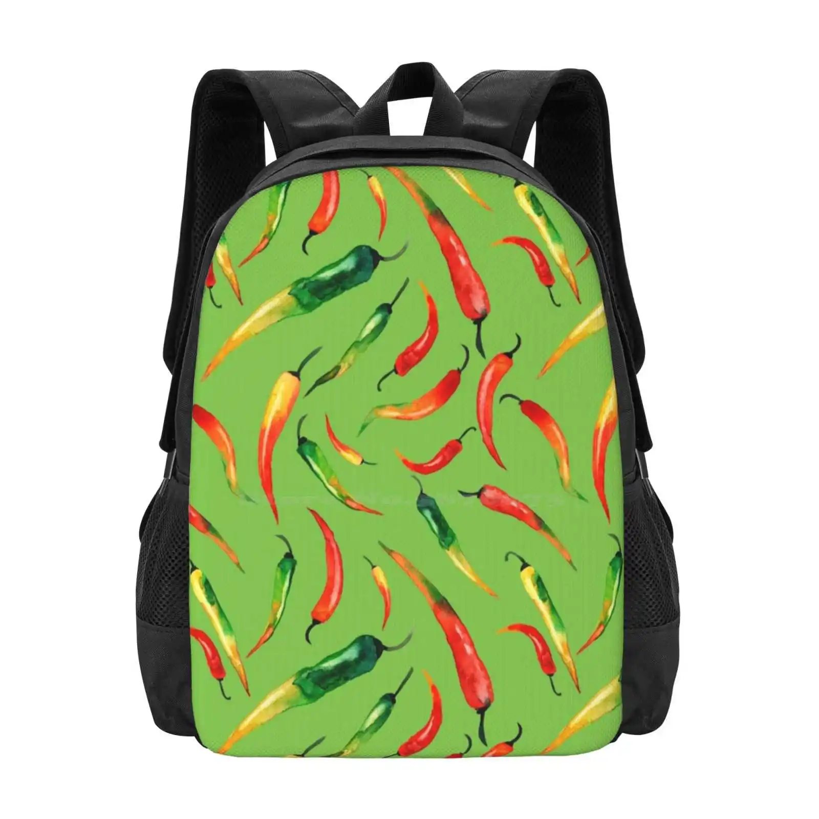 - Chilli Pattern ( Green )-Pattern Design Bag Student's Backpack Watercolor Chili Pepper Spice Seasoning Spicy Taste Bright