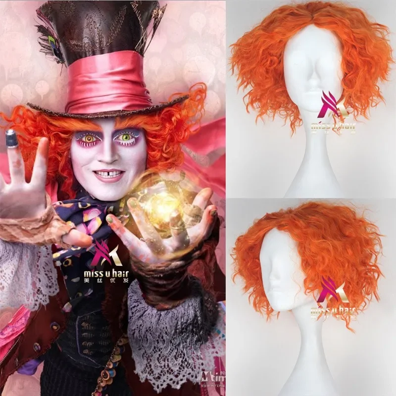 Halloween Short Orange Red Curly Wig Funny Mad Hatter Cosplay Animation Wig for Women Men Carnival Party Cosplay Hair Props