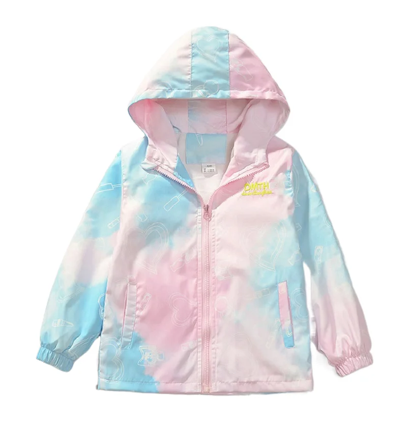 Spring Summer Girls Waterproof Contrast Tie Dye Hooded Lined Zip Hiking Jackets School Kids Outfit Tops Child Track Coat 3-14Yr