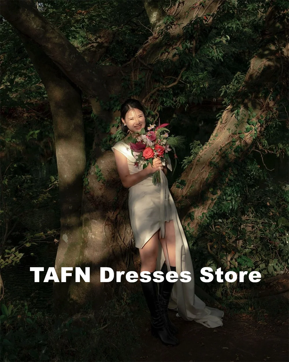 TAFN Korea Short Wedding Reception Dresses Off the Shoulder Bow Bridal Gown Princess A-line Mini Elegant Dresses Photo Shoot