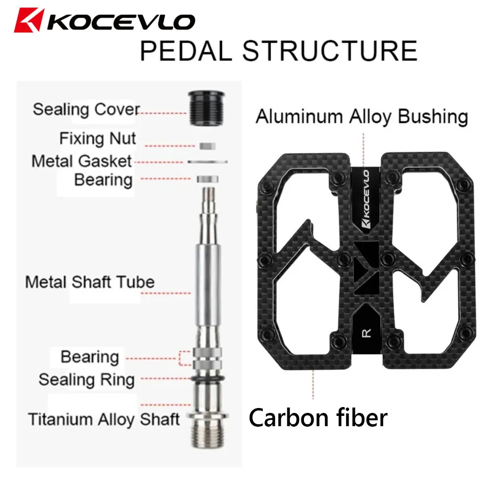 KOCEVLO Carbon Fiber Pedal 195g MTB Titanium Shaft 3 Bearings Road Bike Pedal Anti Slip Racing Pedal