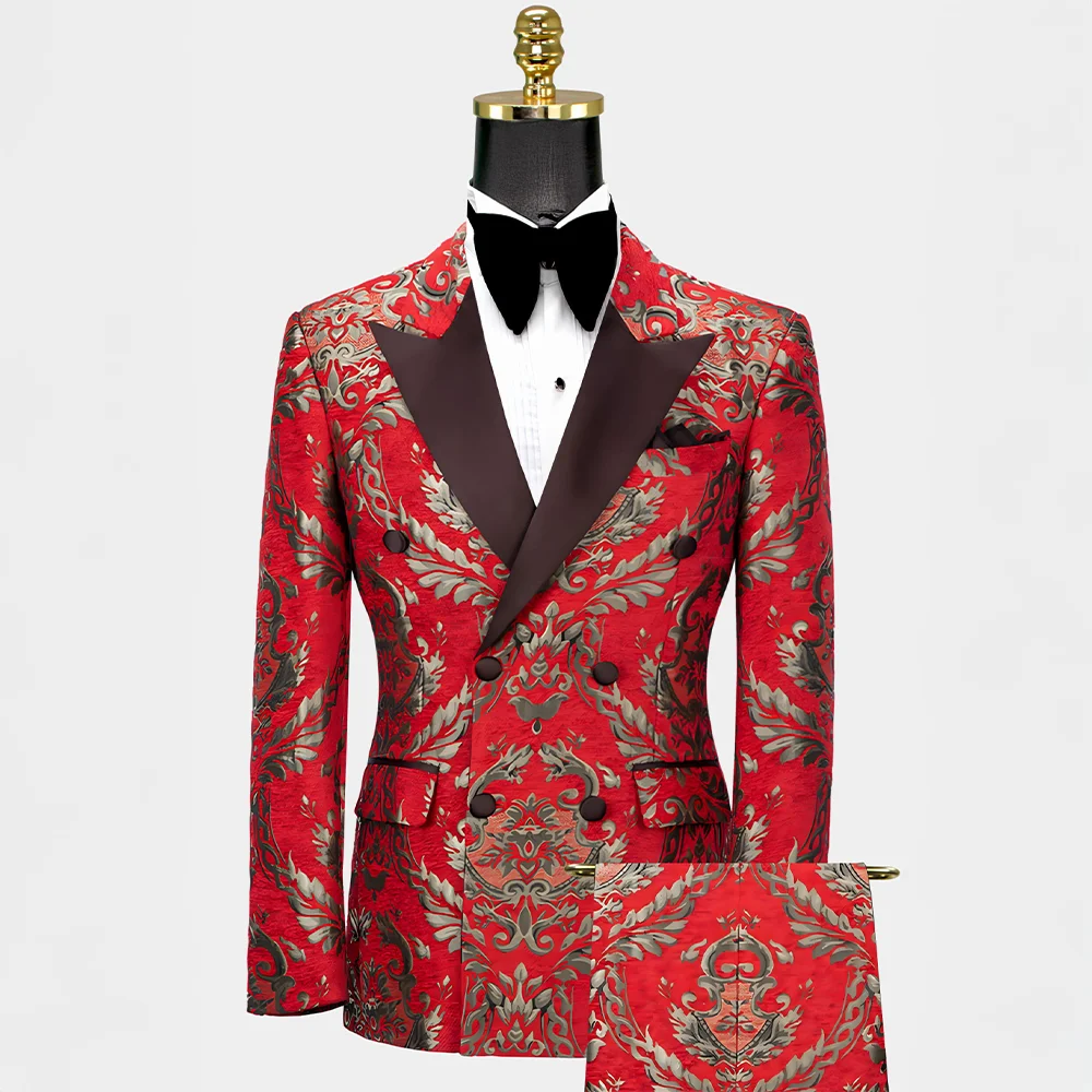 

Luxury men's 2-piece suit with red gold jacquard jacket pants slim fit set for wedding banquet dinner party custom male tuxedo