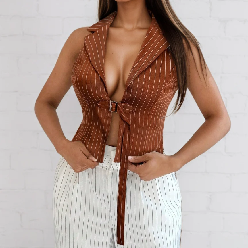 

Spring and Summer Fashionable Shirt with Waistband and Tie Hanging Neck Polo Collar Top Temperament Niche Sleeveless Vest