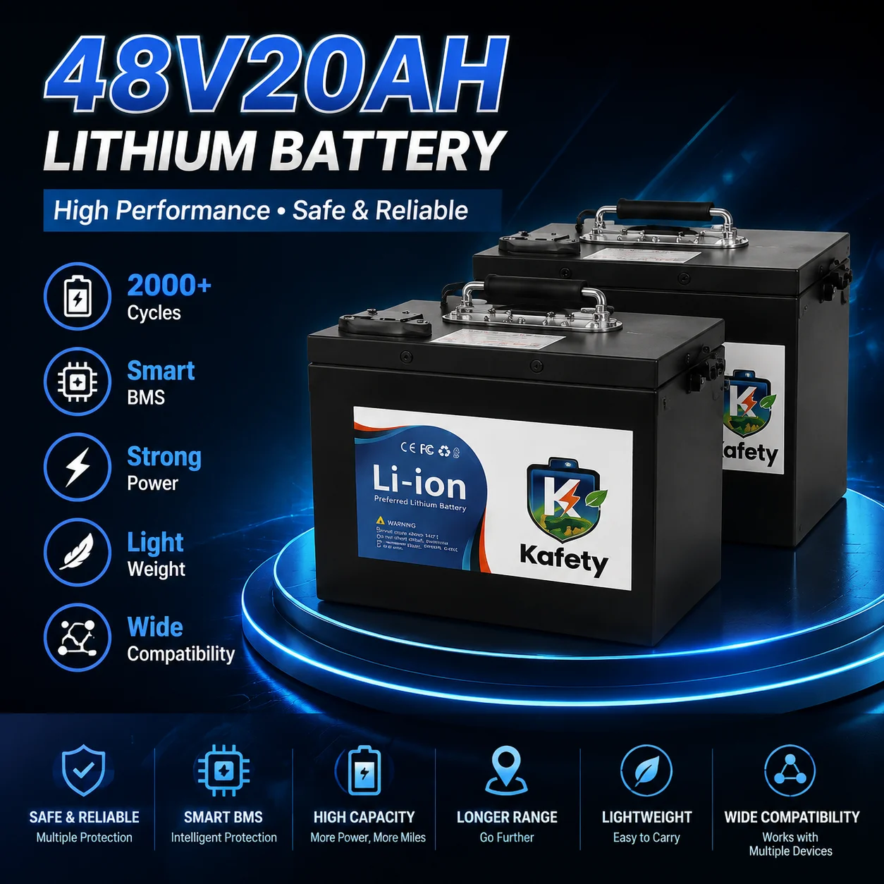Batterie étanche True-Capacity 48V 20AH, avec système de gestion de batterie (BMS) fiable pour scooters et outils électriques.