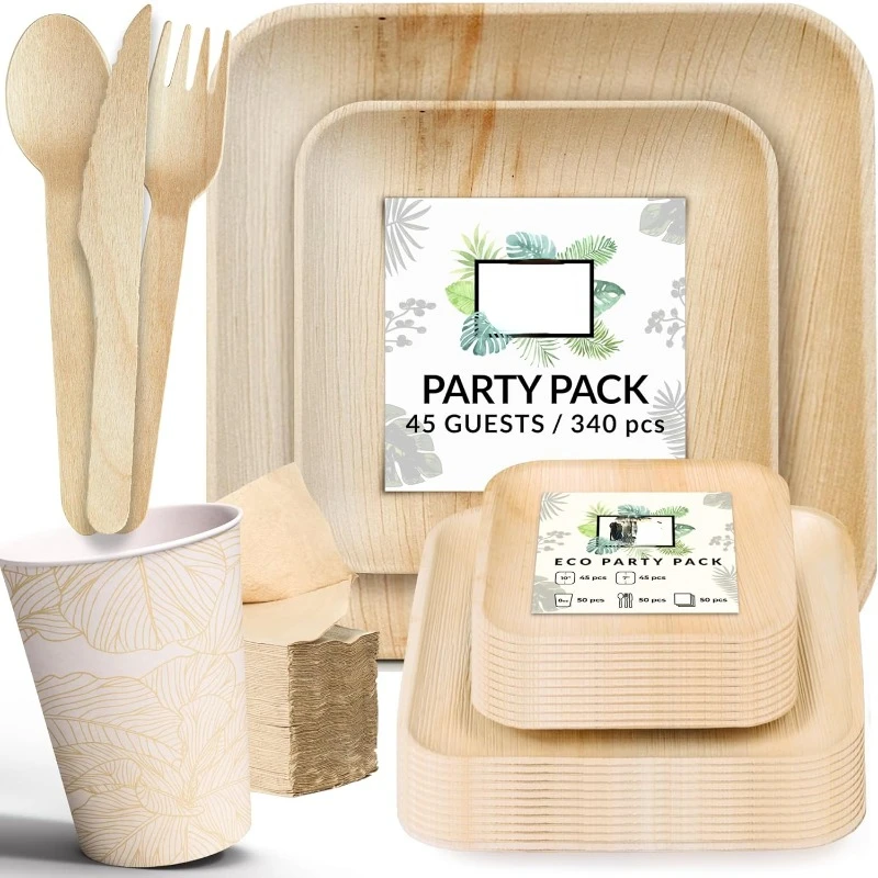 

Party Supplies Tableware 340 Pcs Bulk Pack for 45 Guests - 100% Biodegradable Palm Leaf Disposable Dinnerware Set,