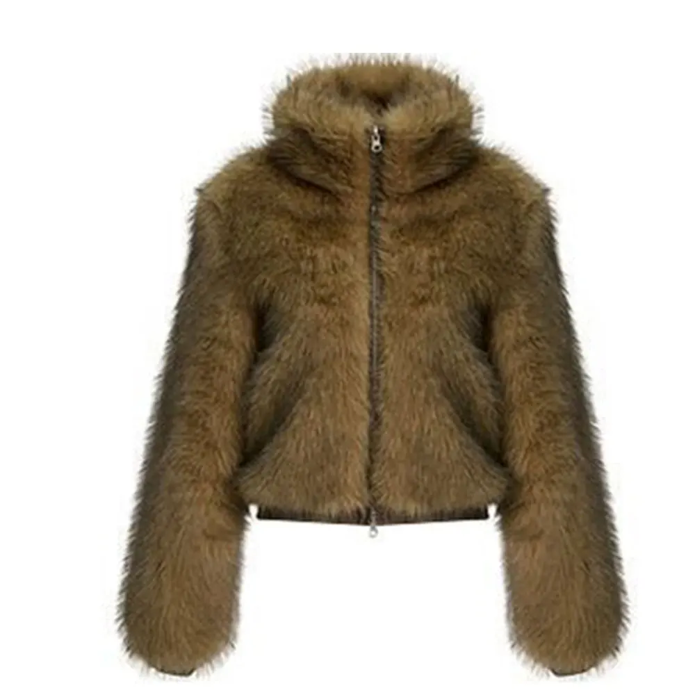 Zipper Short Faux Fox Fur Coat Women Winter Fluffy Jacket Long Sleeves Artificial Plush Fur Coat Furry Outerwear 2025