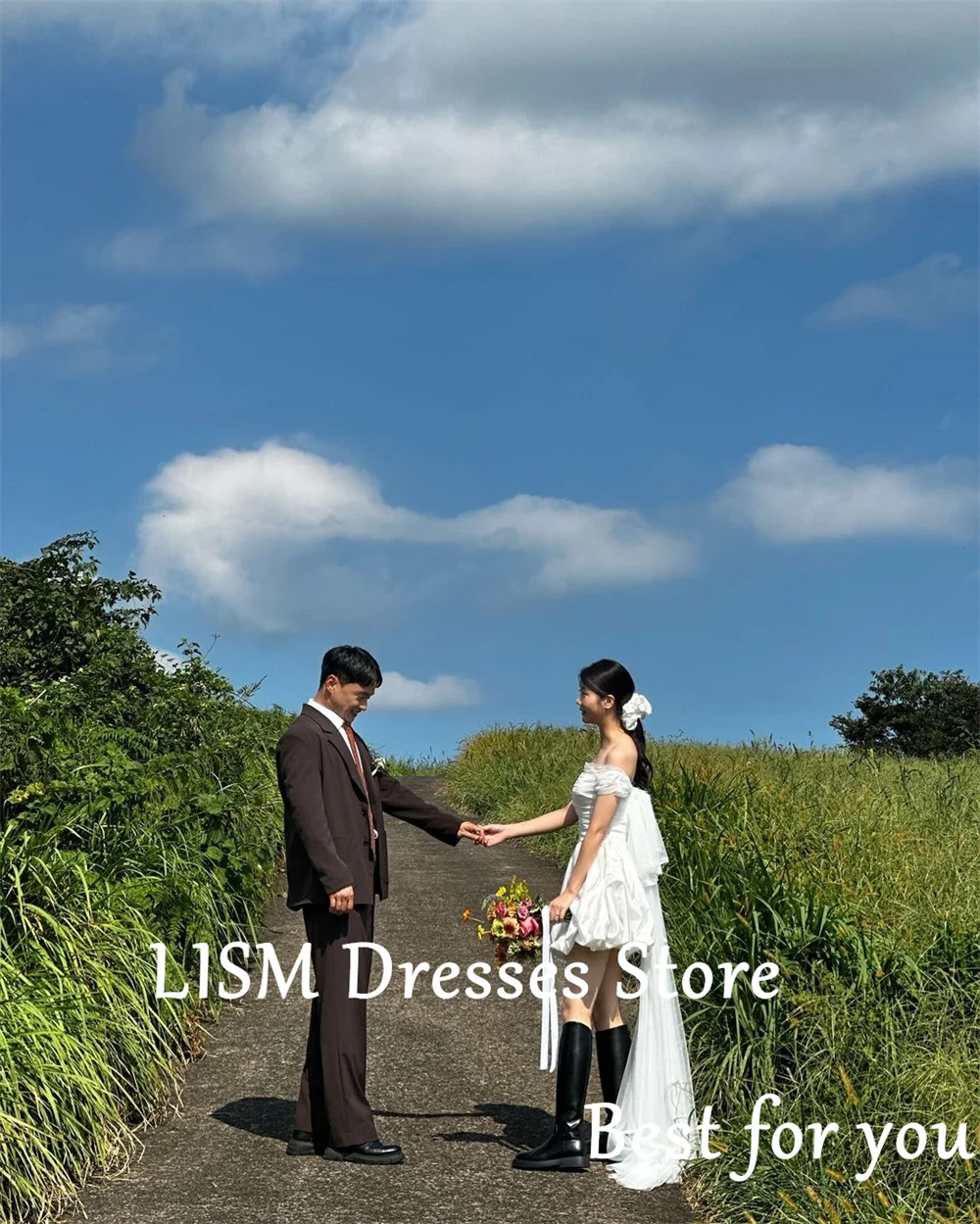 LISM Corea vestidos cortos de recepción de boda fuera del hombro Mini vestido de novia Línea A Corea vestidos para sesión de fotos por encargo