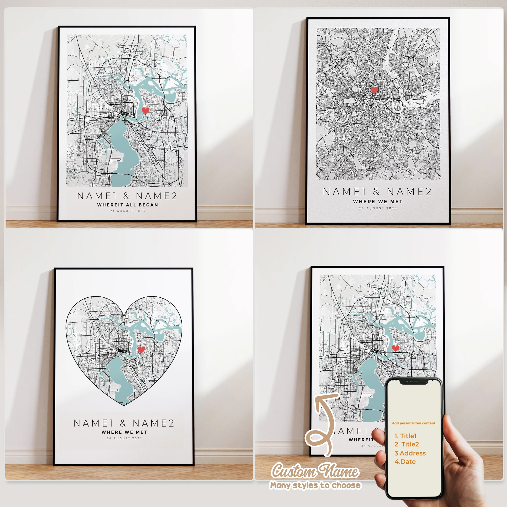 Moderne benutzerdefinierte personalisierte Paar Farbe Stadtplan Wand Kunst Leinwand Poster Drucke Gemälde Bild für Wohnzimmer Home Decor Geschenk