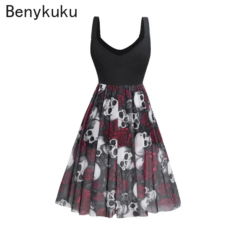 Skull Rose Print Grommet Buckle Tank Dress Summer Women Clothing Double V Neck Sleeveless Halloween Gothic Dresses 2024 Vestidos