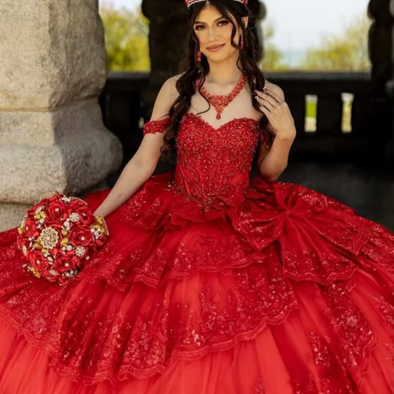 

Red Quinceanera Dress crystal glitter flower Decal Long tail Bow Lace layering Vestidos De 15 Quinceanera ﻿Customize