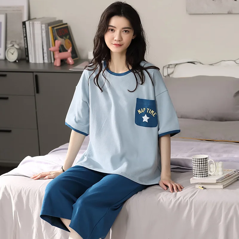 

Pajama Sets Women Calf-length Pants Summer Cotton Casual Cartoon Short Sleeve Tops Sleepwear Pijamas Womens Homewear Ulzzang New