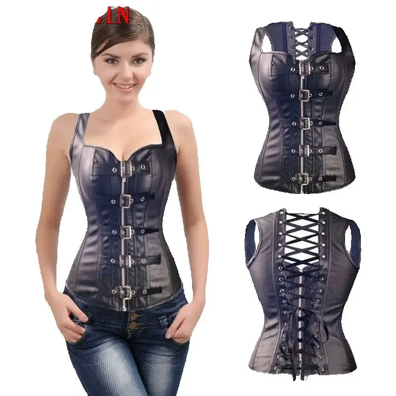 S-6XL Black Faux Leather Buckle Gothic Women Plus Size Corset Top Steam Punk Women Bustier Back Lacing Cincher PU Corselet