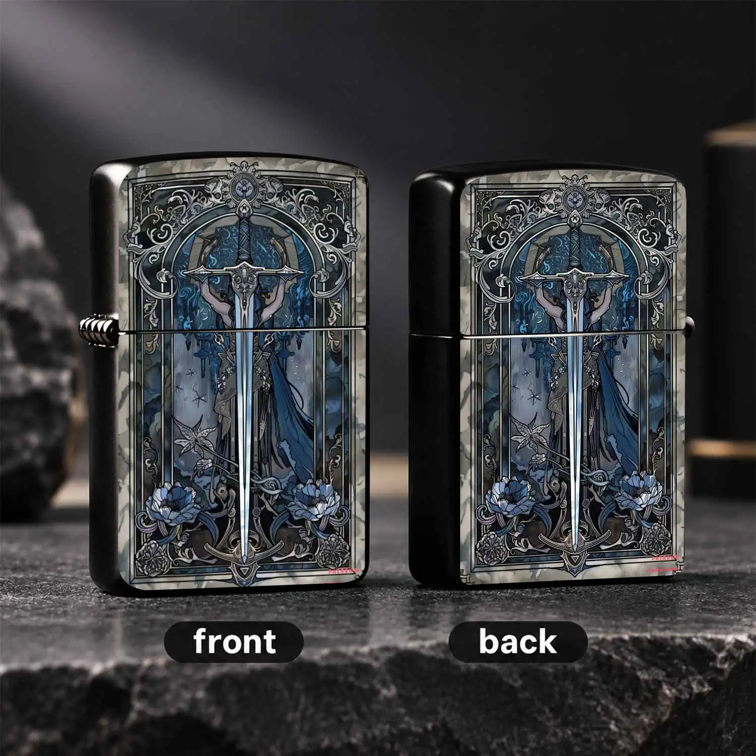 Vintage Tarot Style Great Sword Knight Printed  Sturdy Durable Housing Windproof PORTABLE Blue Tone Pattern Collectible for Daily Use Outdoor Gifting Unique Exquisite Present for Men Hobby Collectors A fun and humorous lighter