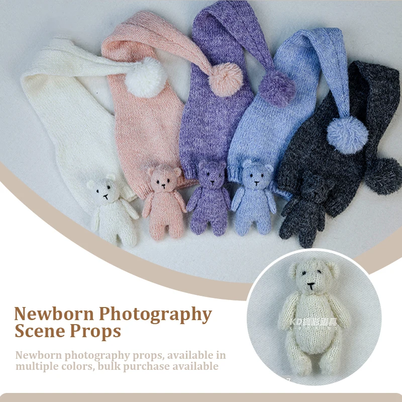 2pcs/set Baby Soft Pom Poms Hat with Bear Doll Newborn Photography Prop Baby Elastic Knitted Hat+Handmade Doll All-Match WarmHat