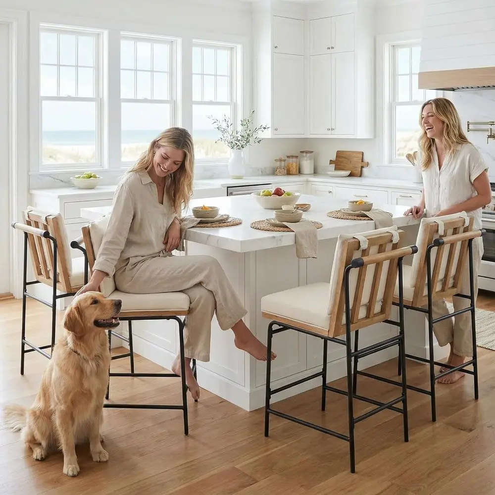 

Набор из 4 барных стульев из искусственной кожи с обивкой, высота 26 сидений, мягкая спинка, металлические ножки, бежевый