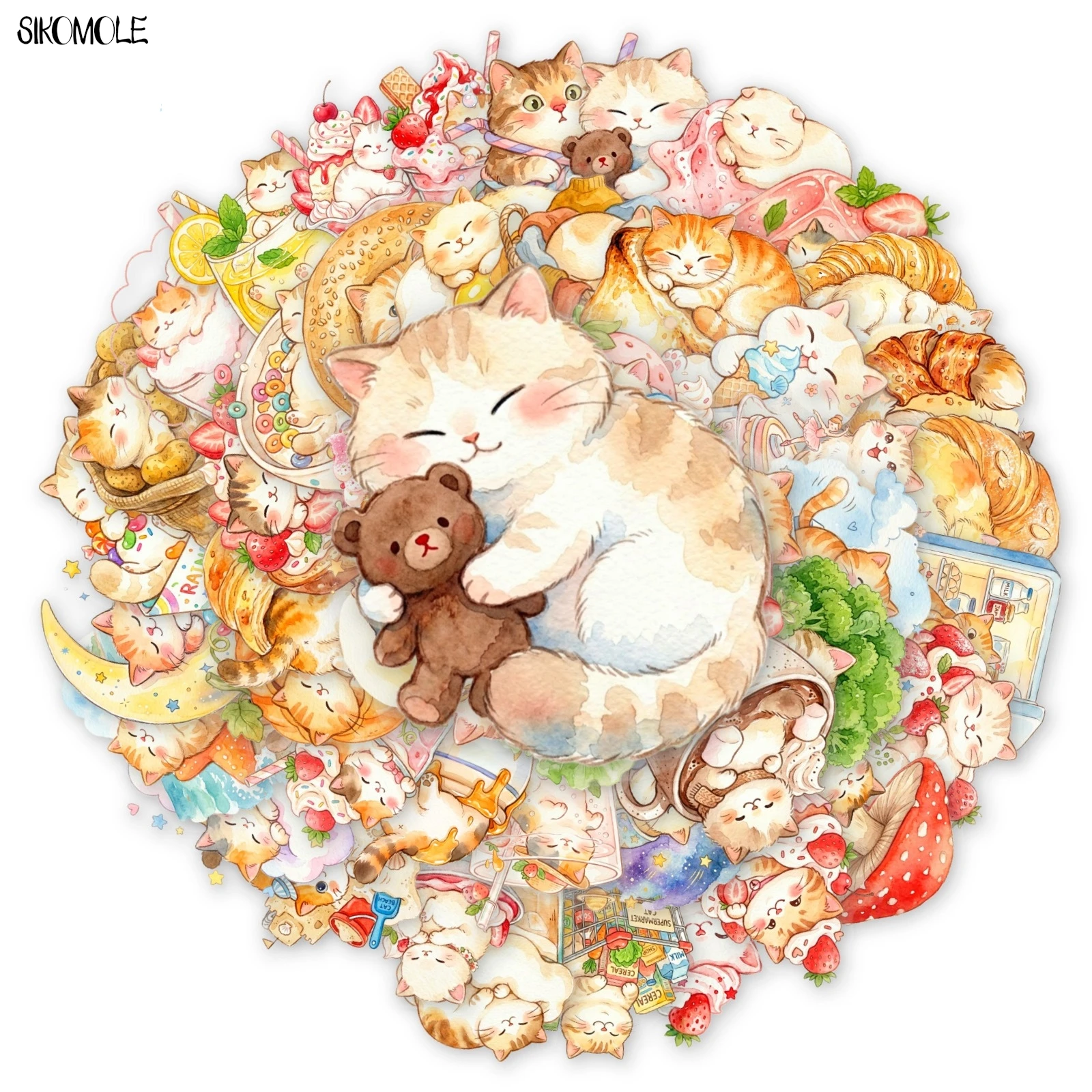 50PCS Cartoon Cat Ice Cream Cake Stickers Aesthetic Classic Toy PET Transparent DIY Scrapbook Bottle Graffiti Decor Sticker