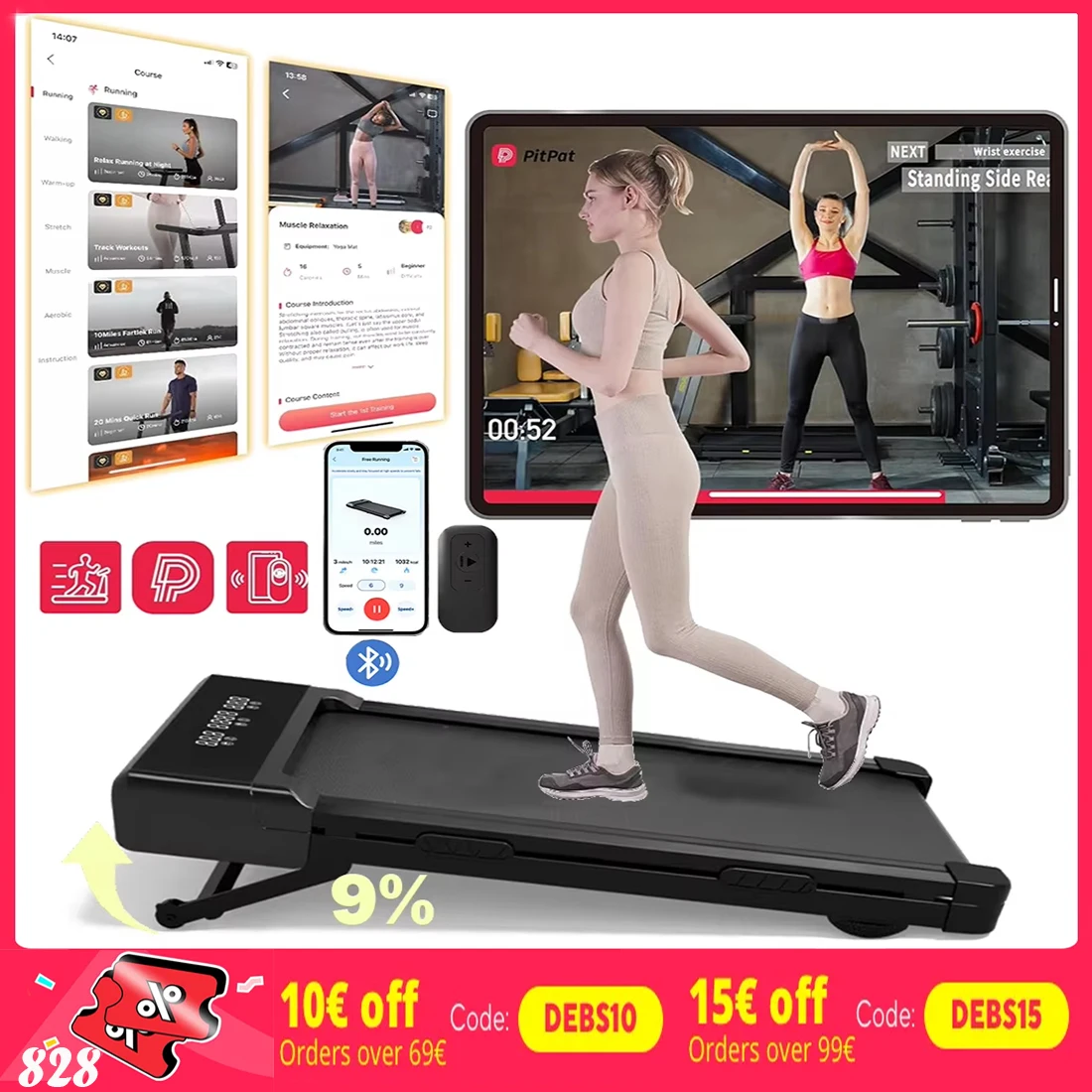 Tapis roulant pieghevole 9% inclinato 3,8 mph/6 kph Tappetino da passeggio per tapis roulant domestici Schermo LCD Monitoraggio APP Macchina per esercizi con motore 3.0 HP