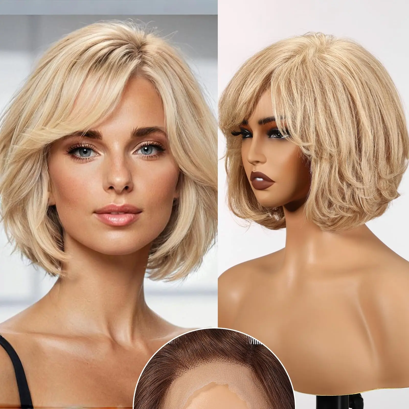 Blonde Remy Human Hair with Bangs Body Wave Short Bob Wigs Lace Frontal Wigs for White Women Daily Use 12 Inches Wavy Wigs Daily