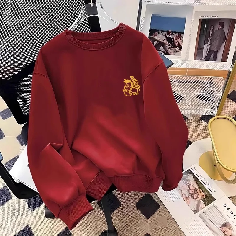 

Большой размер с забавным принтом, год, Новый год, круглый Ne, мужской свитшот, осень-зима, свободный винно-красный повседневный топ INS Sle Cotton...