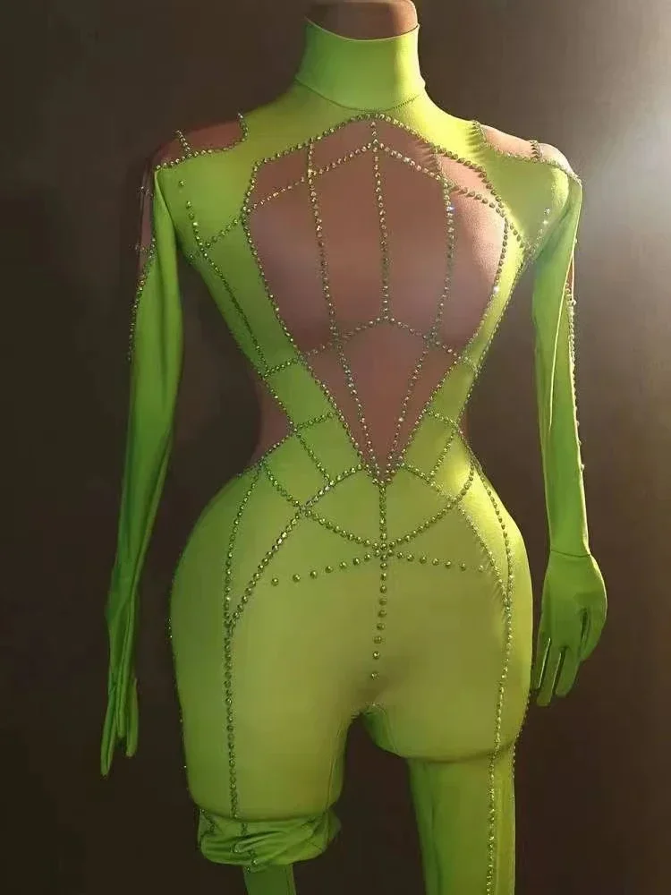 

High Quality Hot Diamond Green Elastic Tight Fitting Jumpsuit 2024 New Fashionable Women'S Clothing