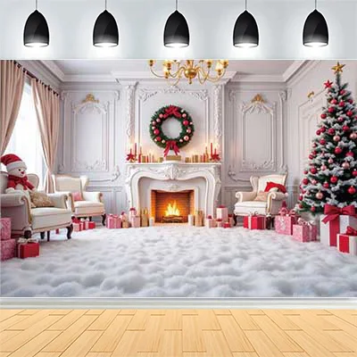 Christmas Day New Year Party Photography Backdrops Prop Window Living Room Interior Xmas Tree Snow Theme Photo Background FN-20