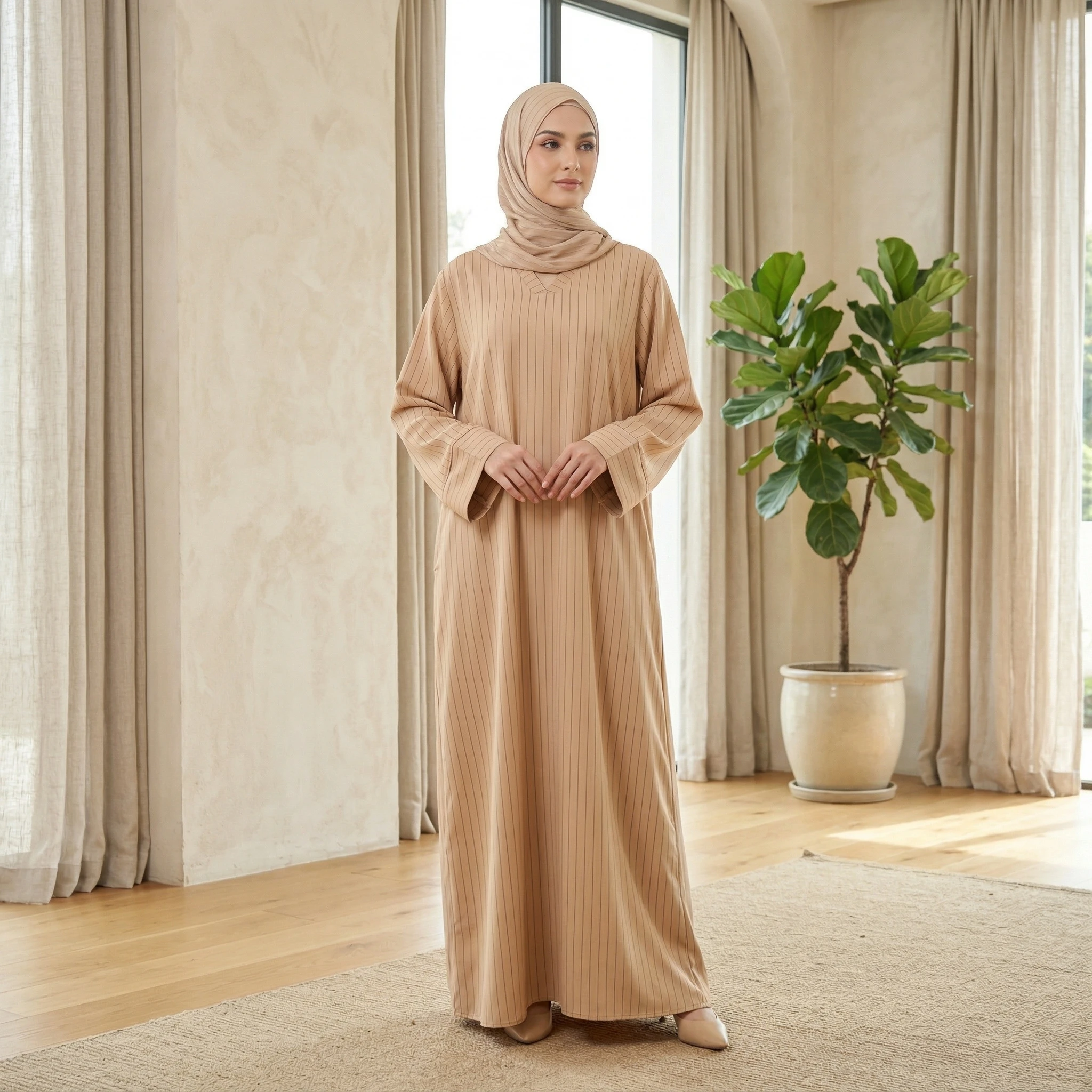 Vestido Abaya Rayado para Mujer con Escote en V, Bolsillos Laterales y Mangas de Tres Cuartos - Kaftan Modesto de Corte Suelto para Uso Diario, Eventos Religiosos y Ocasiones Especiales