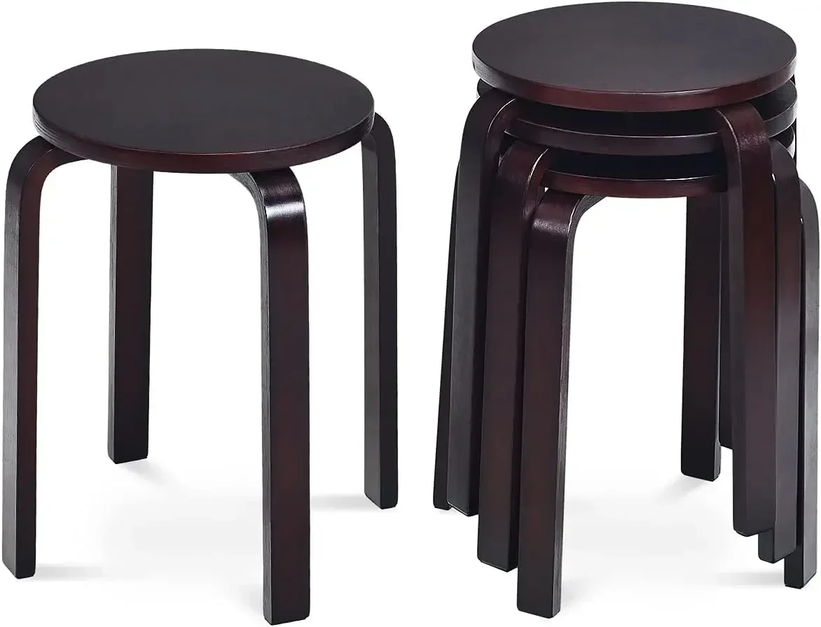 Juego de 4 taburetes de bar, taburetes de comedor de madera apilables con tapa redonda, juego de taburetes sin respaldo de madera curvada de 18 pulgadas para cocina y hogar