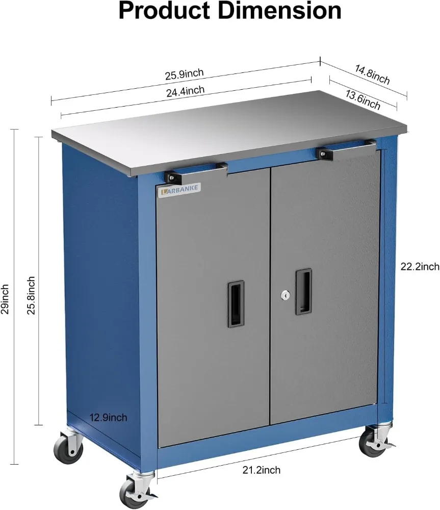 Coffre à outils avec roues et 4 pieds rembourrés, coffre à outils avec 2 portes et étagères réglables, coffre en acier verrouillable pour garage, maison et