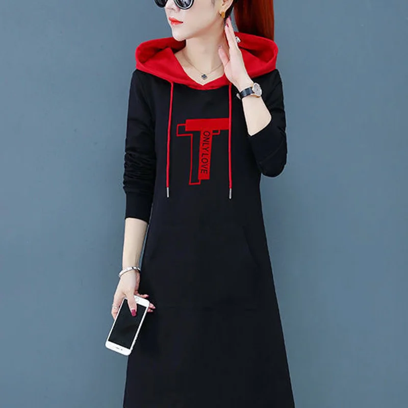 Fashion Hooded Spliced Pockets Letter Casual Dresses Female Clothing 2023 Autumn New Long Sleeve Loose Korean Mini Dress